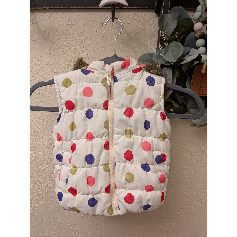 F&F Kids Polka Dot Puffer Vest White Pink Fleece Lined Faux Fur Hood 3-4 Years